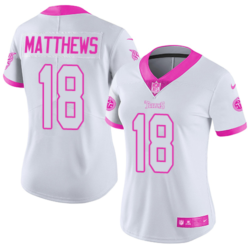 Nike Titans #18 Rishard Matthews White/Pink Women's Stitched NFL Limited Rush Fashion Jersey